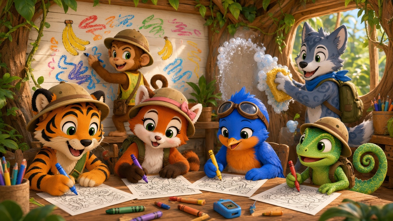 Sunny, Veronica, Bella, and Allie coloring pages of the coloring book around a wooden table with Crayola crayons, fat and skinny markers, colored pencils, and handheld sharpeners while Bongo colors on the wall and Storm washes the washable crayon and marker right off with a sponge!