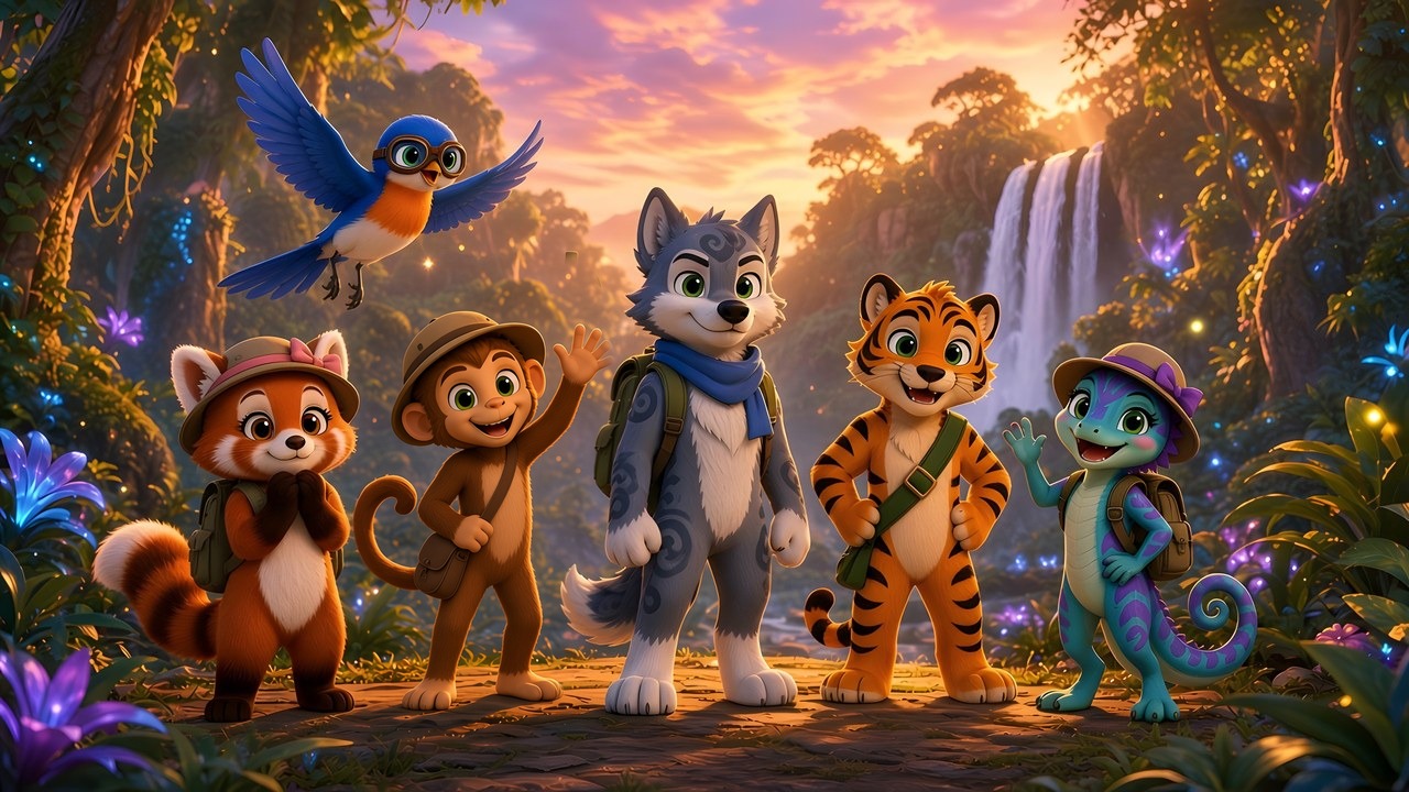 Storm and the crew on a jungle trail at sunset